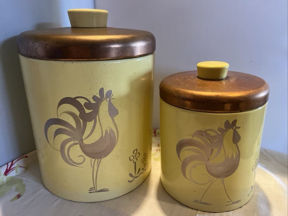 2 Ransburg Mid Century Kitchen Metal Canisters Tins w Roosters Yellow Gold
